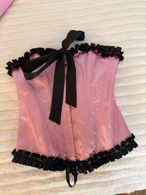 Pink Satin Corset with Black Ribbon Trim